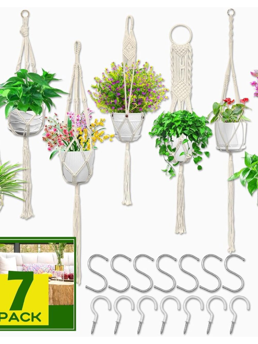 Macrame Plant Hangers 7 Pack for Indoor Outdoor Boho Home Decor
